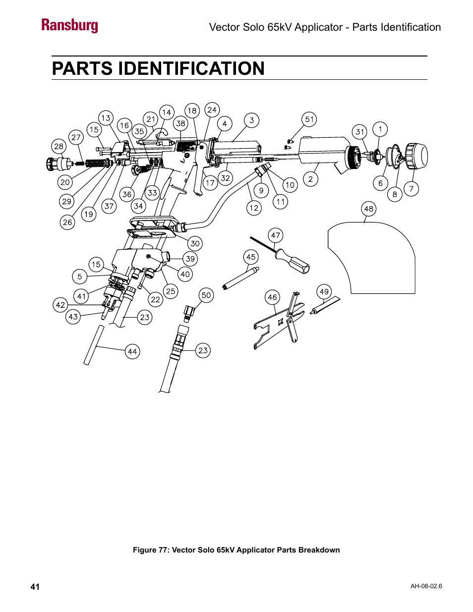 Parts identification, Vector solo 65kv applicator parts breakdown, Ransburg | Ransburg Vector Solo 65KV 79965 Solventborne RS70-AS User Manual | Page 45 / 60