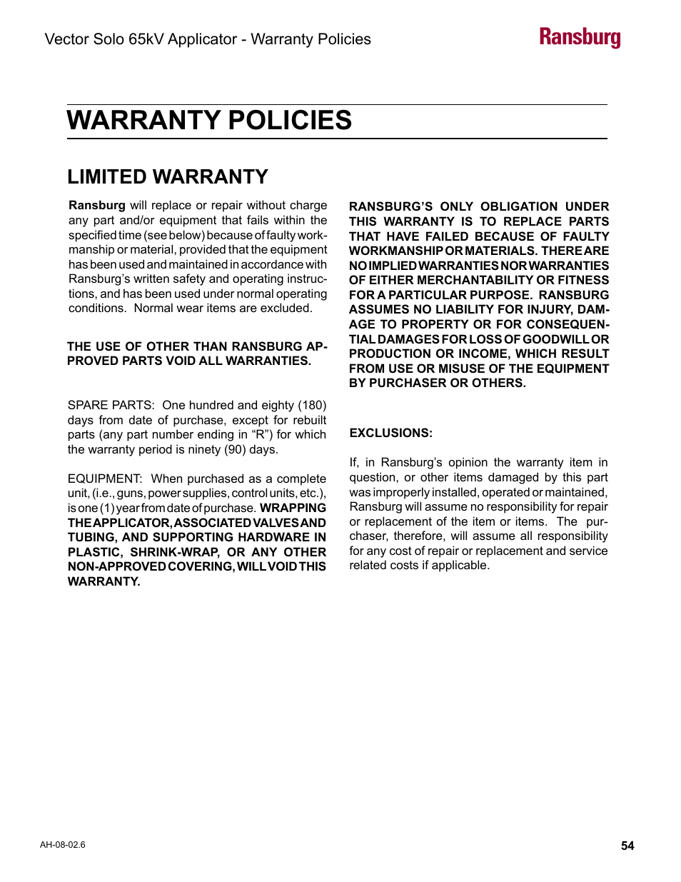 Warranty policies, Limited warranty, Ransburg | Ransburg Vector Solo 65KV 79965 Solventborne RS70-AS User Manual | Page 58 / 60