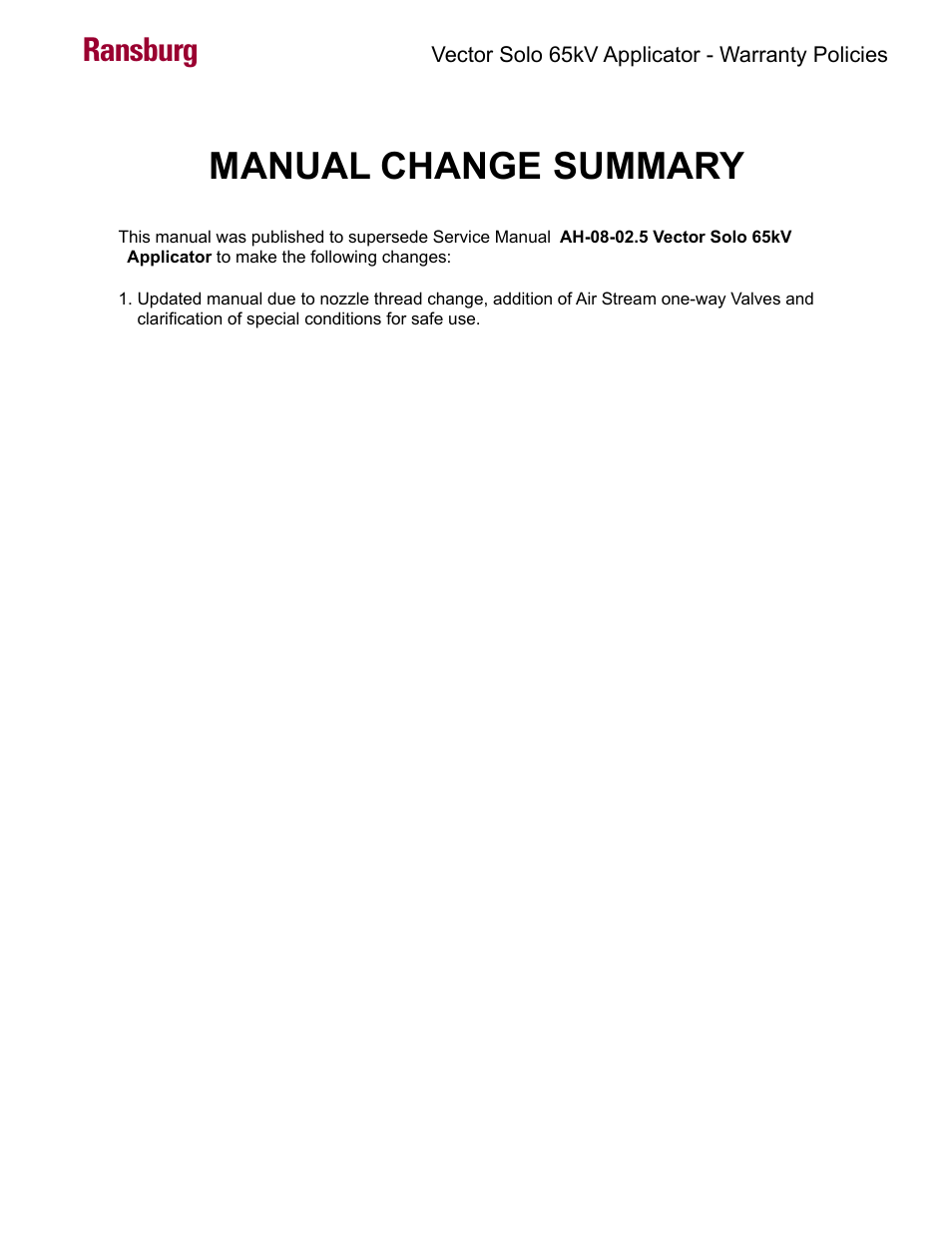 Manual change summary, Ransburg | Ransburg Vector Solo 65KV 79965 Solventborne RS70-AS User Manual | Page 59 / 60