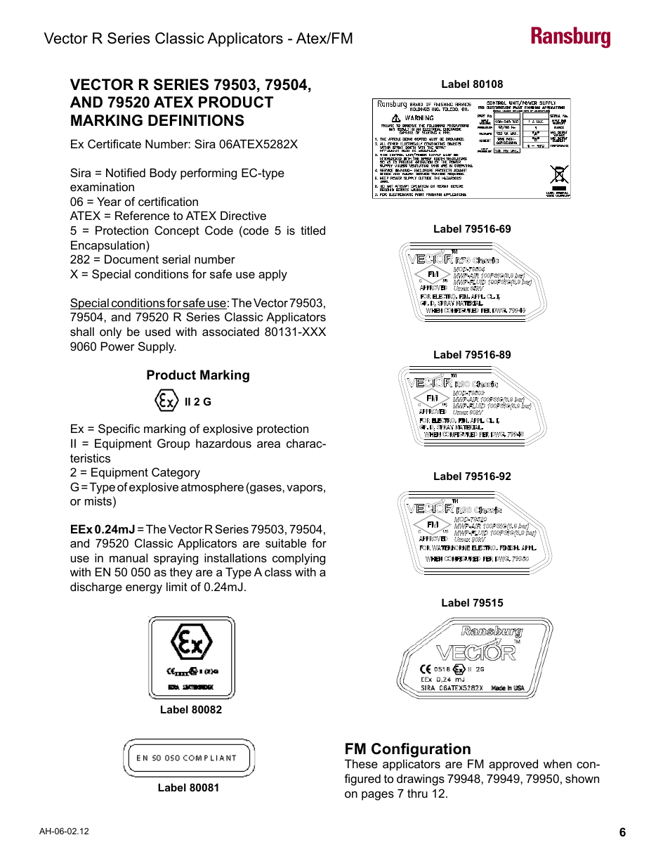 European atex labels, Ransburg, Vector r series classic applicators - atex/fm | Fm configuration | Ransburg Vector R Series Classic 79520 R90 Waterborne User Manual | Page 10 / 74