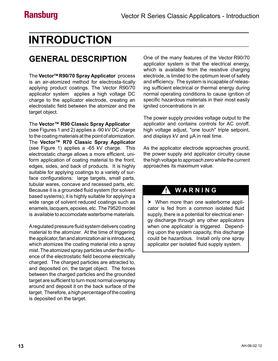 Introduction, General description, Ransburg | Vector r series classic applicators - introduction | Ransburg Vector R Series Classic 79520 R90 Waterborne User Manual | Page 17 / 74