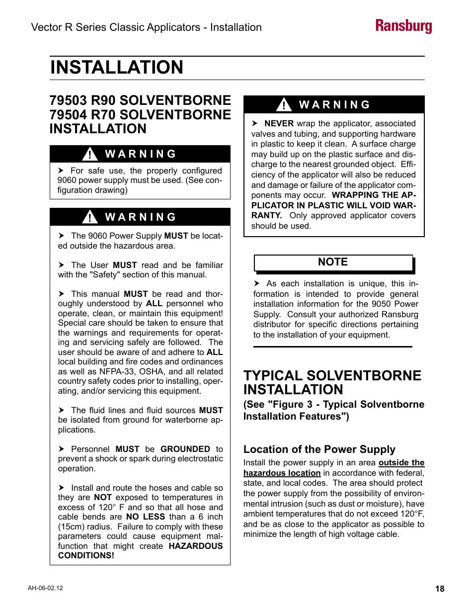 Installation, R90/r70 solventborne installation, Typical solventborne installation | Ransburg | Ransburg Vector R Series Classic 79520 R90 Waterborne User Manual | Page 22 / 74