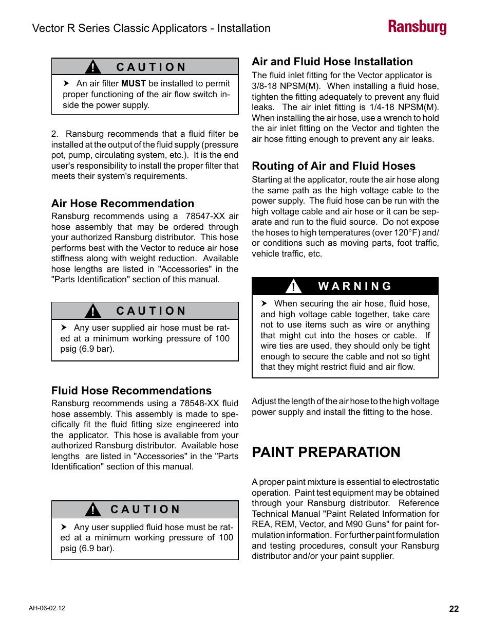 Air hose recommendations, Fluid hose recommendations, Air and fluid hose installation | Routing of air and fluid hoses, Paint preparation, Ransburg | Ransburg Vector R Series Classic 79520 R90 Waterborne User Manual | Page 26 / 74