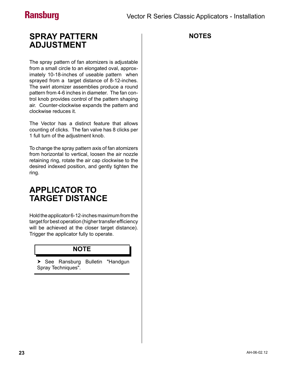 Spray pattern adjustment, Applicator to target distance, Ransburg | Ransburg Vector R Series Classic 79520 R90 Waterborne User Manual | Page 27 / 74