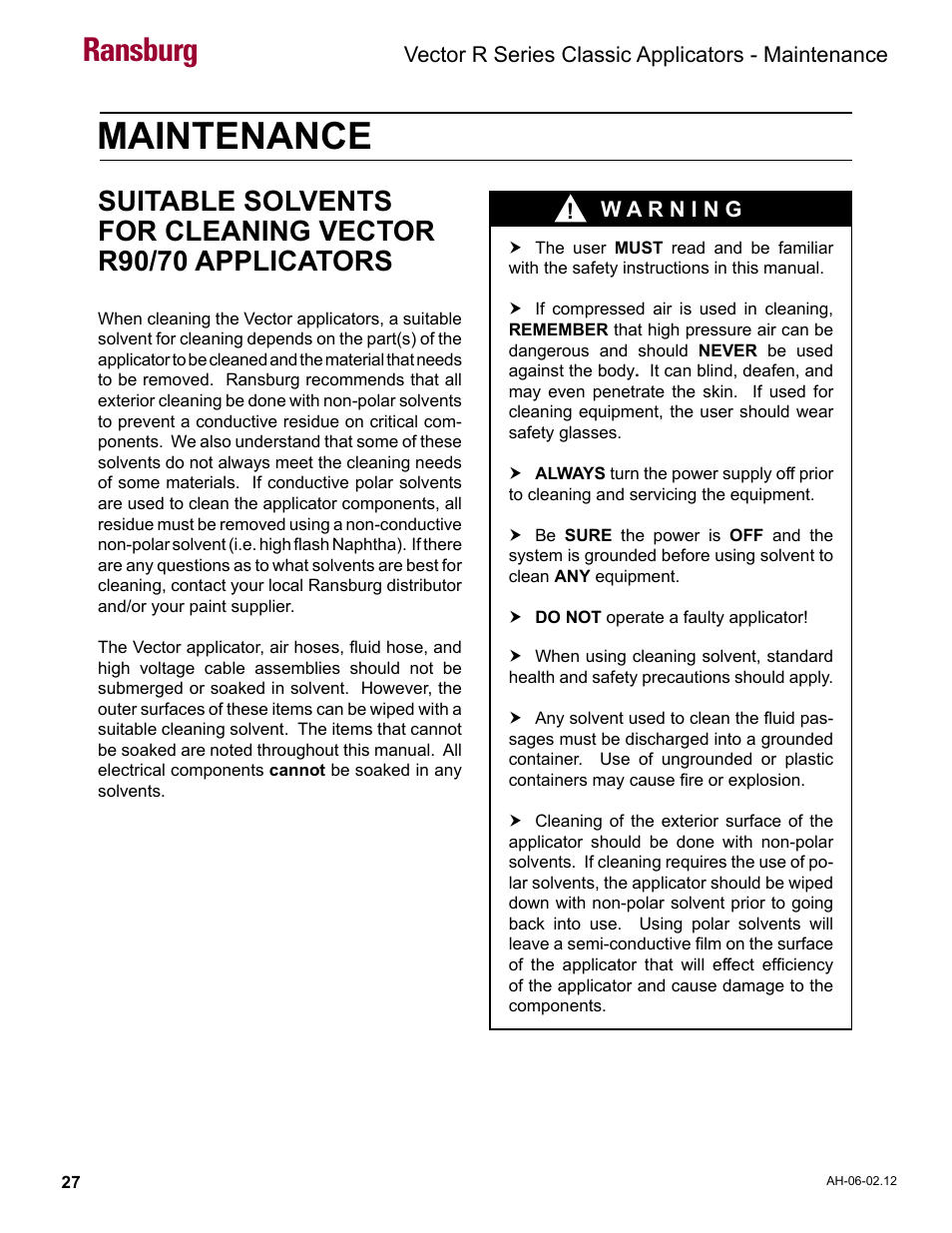 Maintenance, Ransburg | Ransburg Vector R Series Classic 79520 R90 Waterborne User Manual | Page 31 / 74