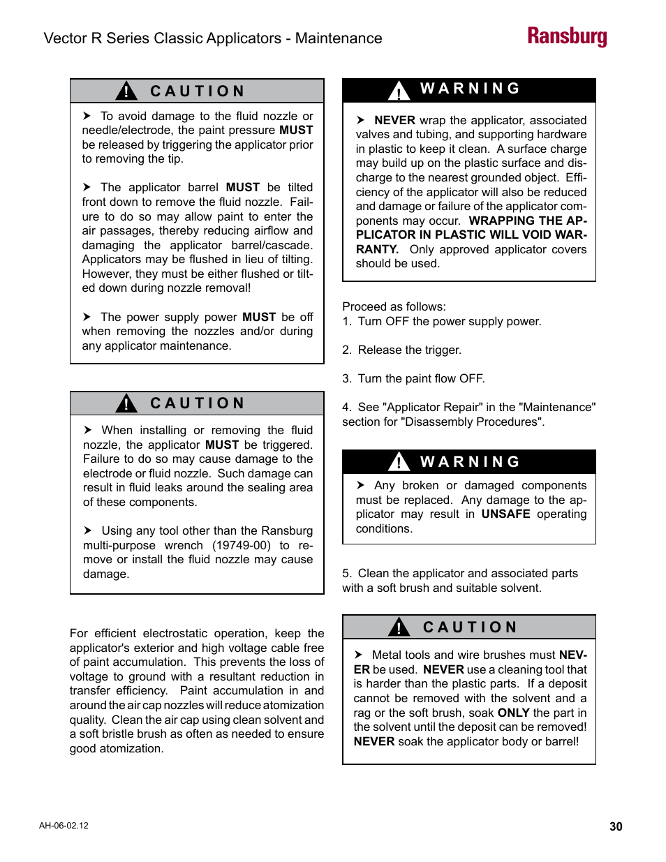 Ransburg, Vector r series classic applicators - maintenance | Ransburg Vector R Series Classic 79520 R90 Waterborne User Manual | Page 34 / 74