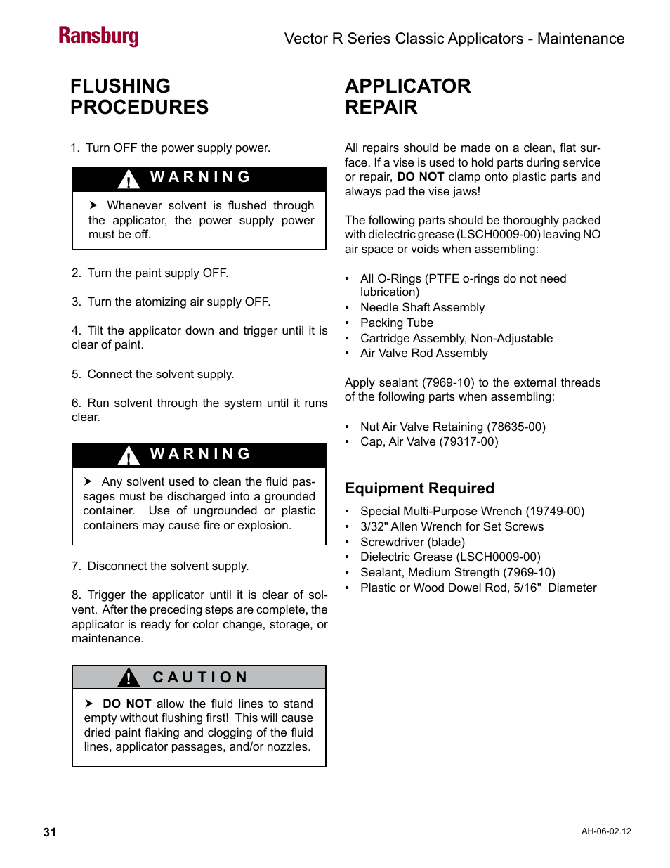 Flushing procedures, Applicator repair, Ransburg | Ransburg Vector R Series Classic 79520 R90 Waterborne User Manual | Page 35 / 74