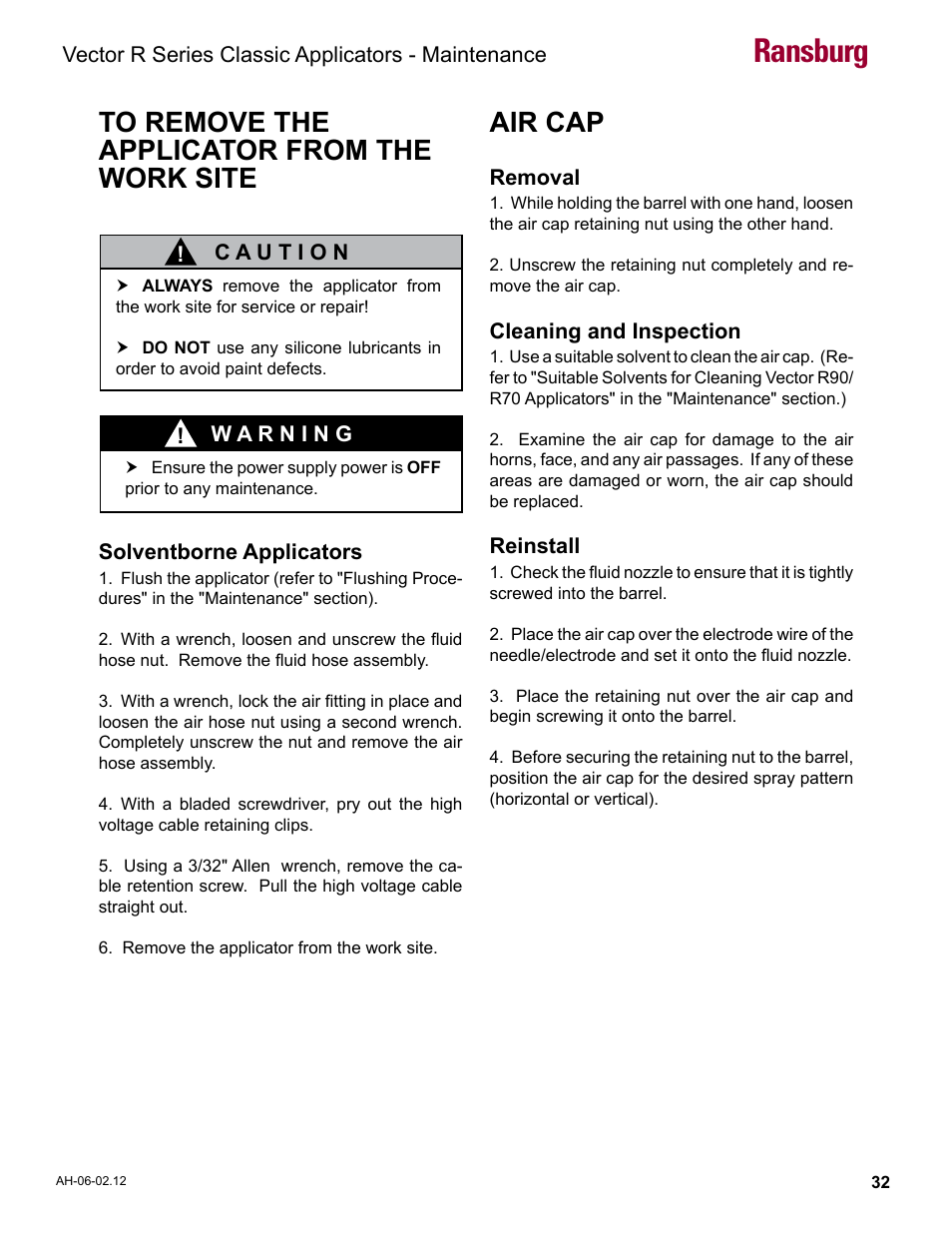 To remove the applicator from the work site, Air cap, Ransburg | Ransburg Vector R Series Classic 79520 R90 Waterborne User Manual | Page 36 / 74