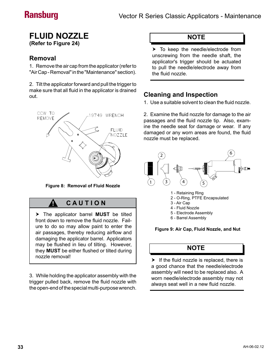 Fluid nozzle, Ransburg, Vector r series classic applicators - maintenance | Cleaning and inspection, Removal | Ransburg Vector R Series Classic 79520 R90 Waterborne User Manual | Page 37 / 74