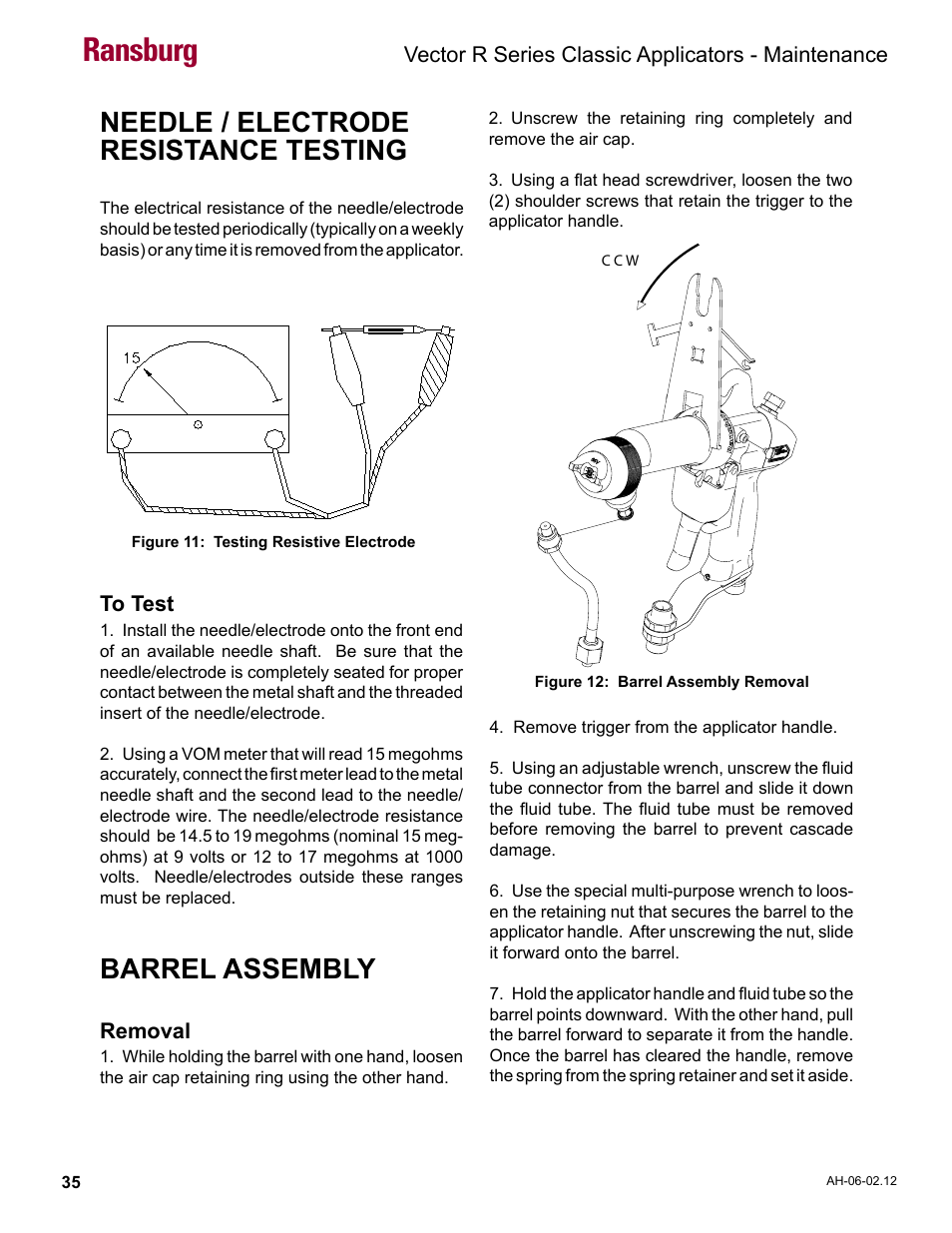 Needle / electrode resistance testing, Ransburg, Barrel assembly | Ransburg Vector R Series Classic 79520 R90 Waterborne User Manual | Page 39 / 74