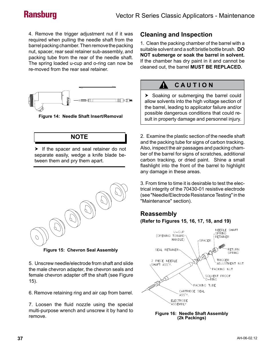 Ransburg, Vector r series classic applicators - maintenance, Cleaning and inspection | Reassembly | Ransburg Vector R Series Classic 79520 R90 Waterborne User Manual | Page 41 / 74