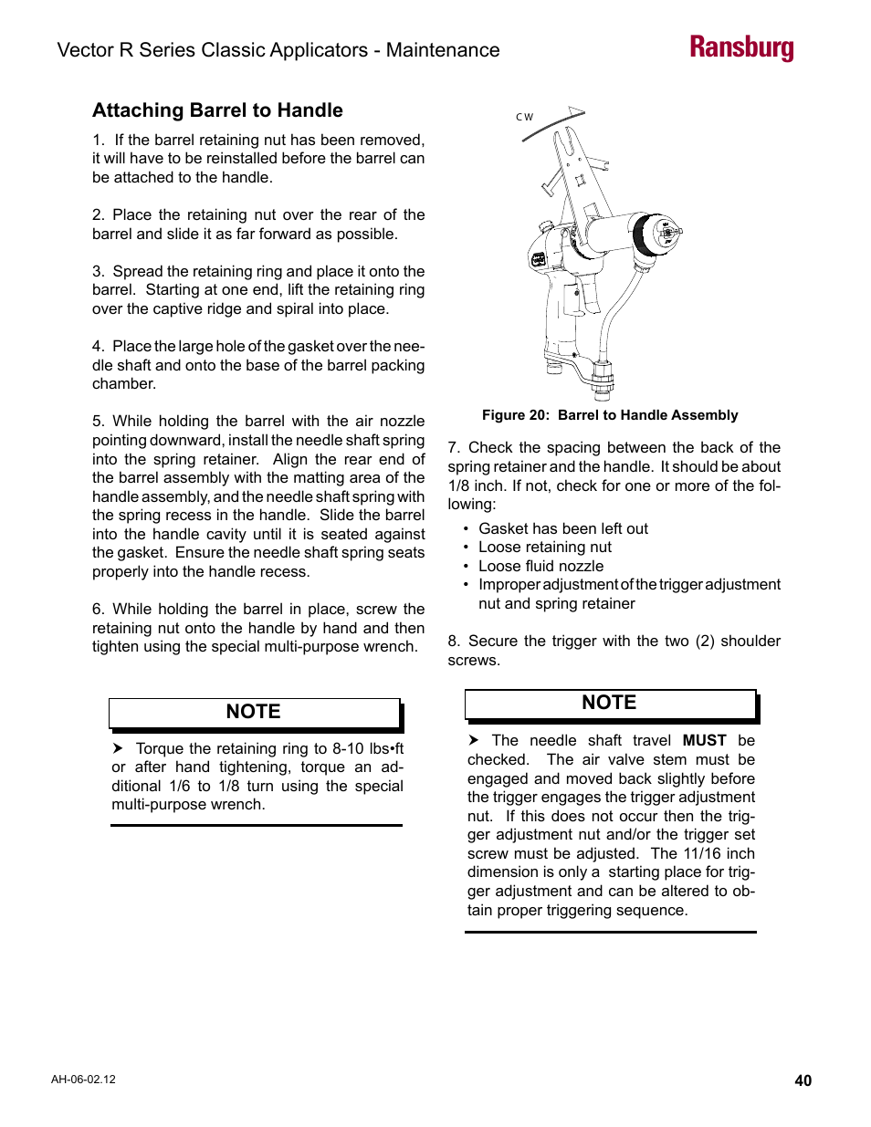 Ransburg, Vector r series classic applicators - maintenance, Attaching barrel to handle | Ransburg Vector R Series Classic 79520 R90 Waterborne User Manual | Page 44 / 74