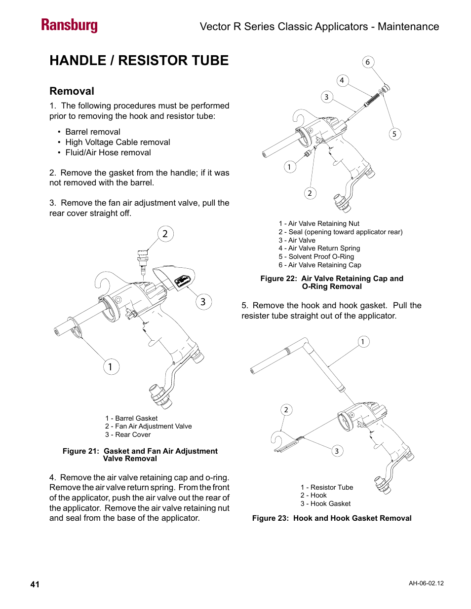 Handle / resistor tube, Ransburg, Vector r series classic applicators - maintenance | Removal | Ransburg Vector R Series Classic 79520 R90 Waterborne User Manual | Page 45 / 74