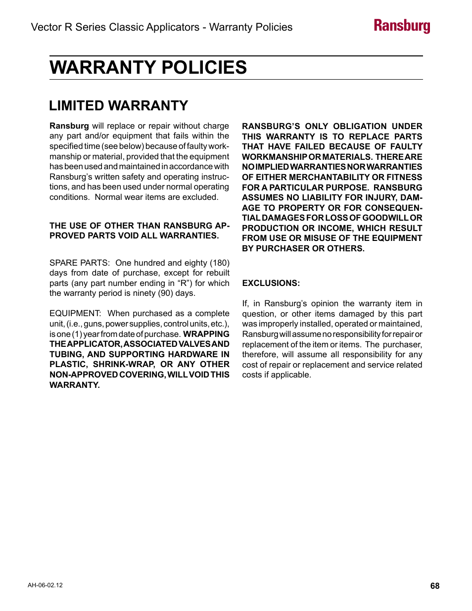 Warranty policies, Ransburg, Limited warranty | Ransburg Vector R Series Classic 79520 R90 Waterborne User Manual | Page 72 / 74