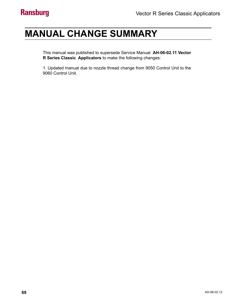 Manual change summary, Ransburg | Ransburg Vector R Series Classic 79520 R90 Waterborne User Manual | Page 73 / 74