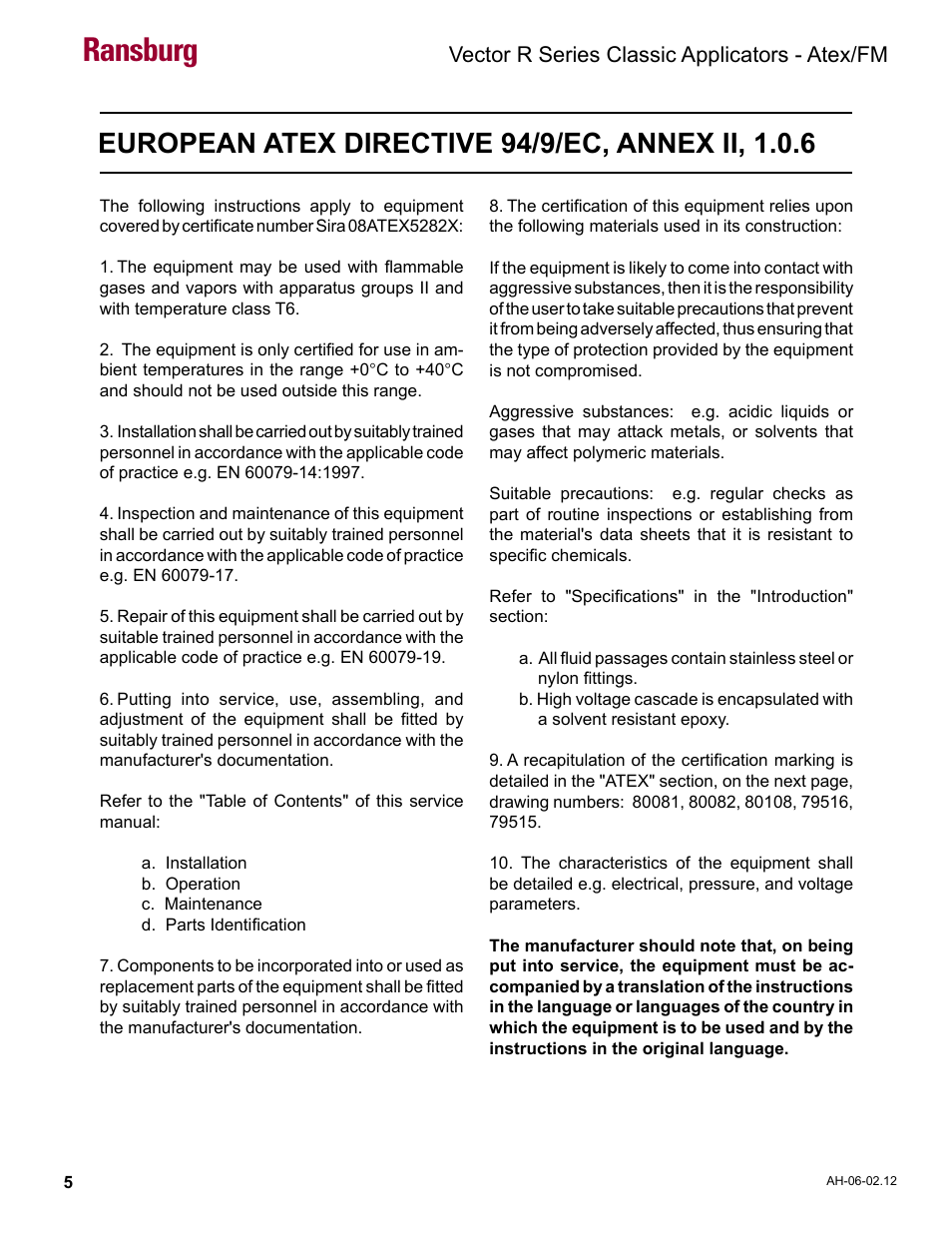 Atex/fm, European atex directive, Ransburg | Vector r series classic applicators - atex/fm | Ransburg Vector R Series Classic 79520 R90 Waterborne User Manual | Page 9 / 74