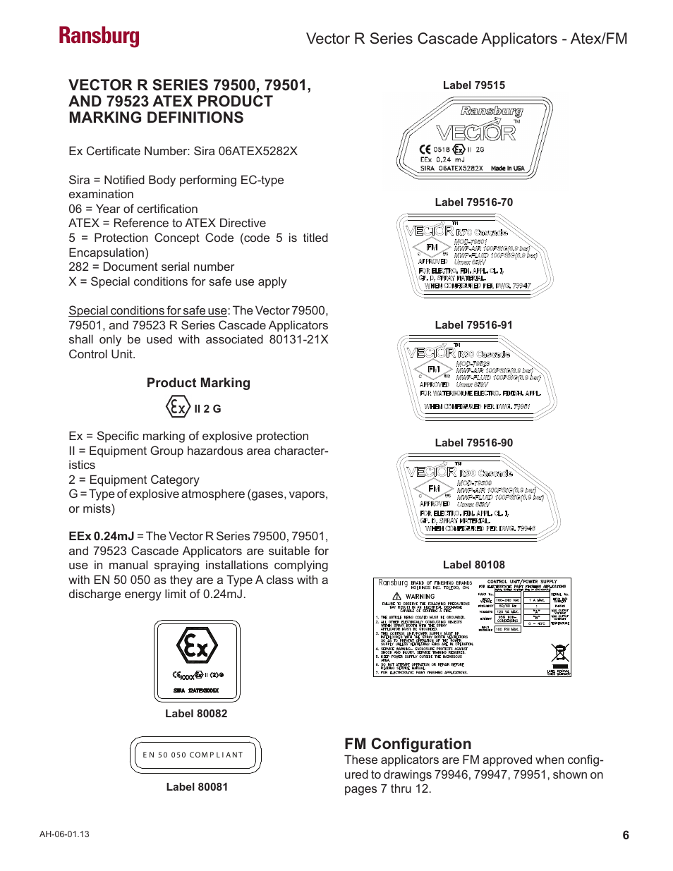 Ransburg, Vector r series cascade applicators - atex/fm, Fm configuration | Ransburg Vector R Series Cascade 79523 R90 Waterborne User Manual | Page 10 / 78