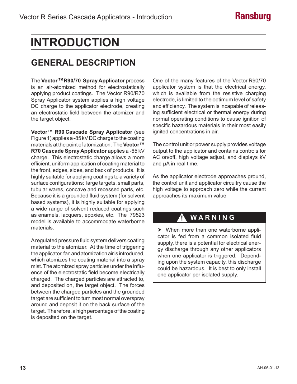 Introduction, Ransburg, General description | Vector r series cascade applicators - introduction | Ransburg Vector R Series Cascade 79523 R90 Waterborne User Manual | Page 17 / 78