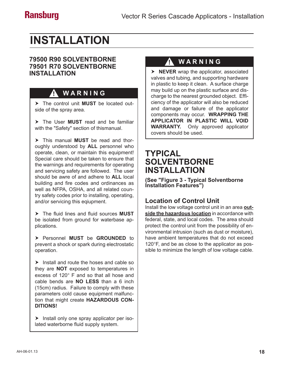 Installation, Ransburg, Typical solventborne installation | Ransburg Vector R Series Cascade 79523 R90 Waterborne User Manual | Page 22 / 78