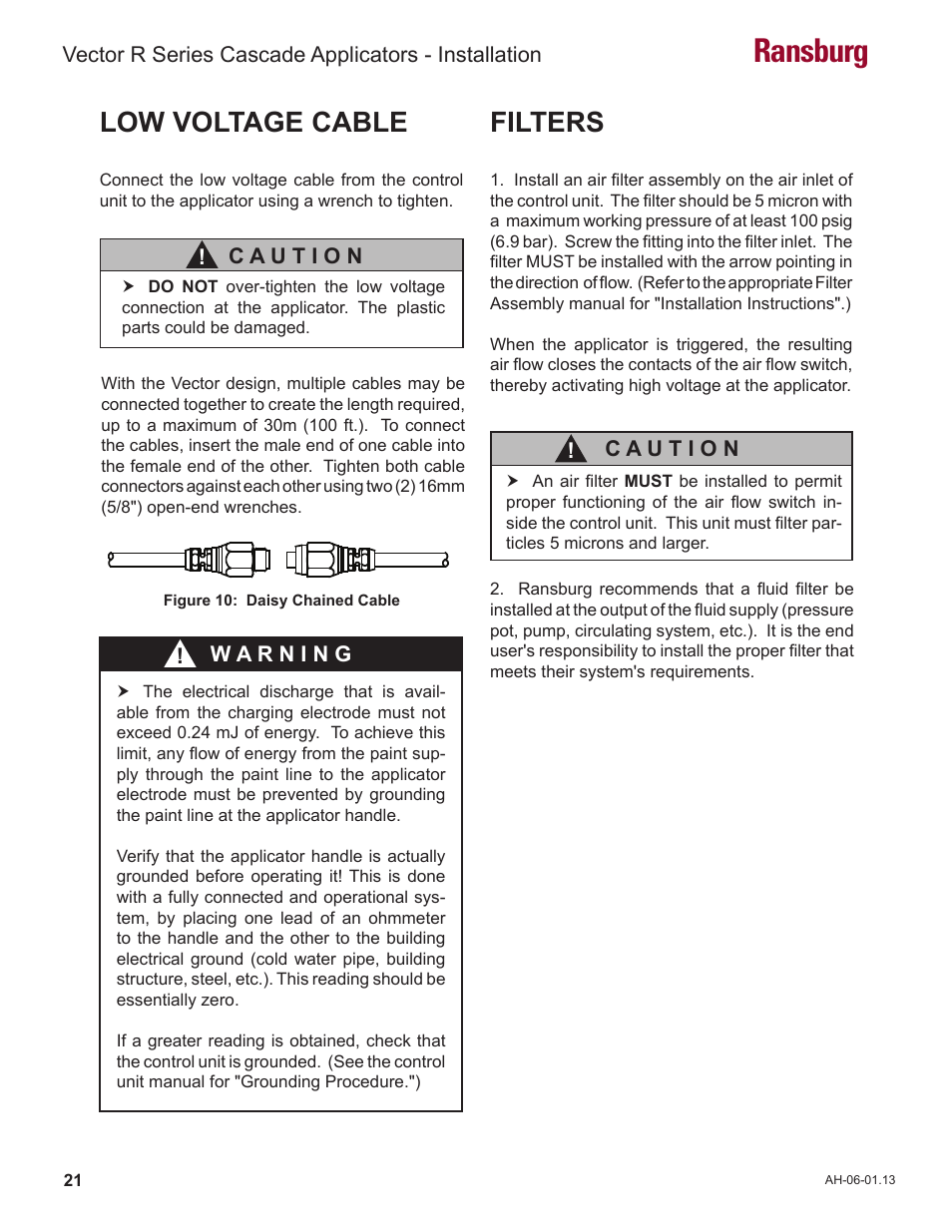 Ransburg, Filters, Low voltage cable | Ransburg Vector R Series Cascade 79523 R90 Waterborne User Manual | Page 25 / 78