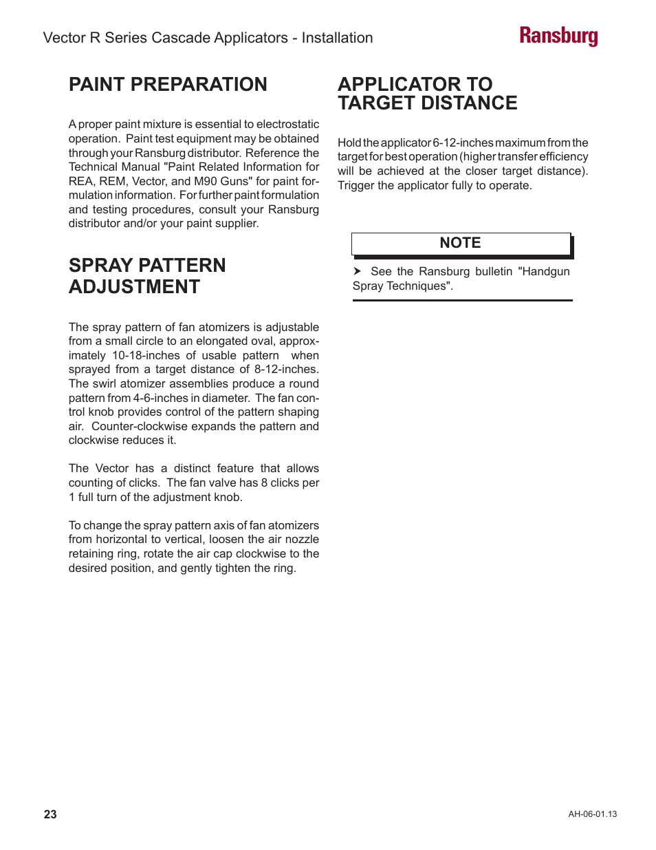 Ransburg, Paint preparation, Spray pattern adjustment | Applicator to target distance | Ransburg Vector R Series Cascade 79523 R90 Waterborne User Manual | Page 27 / 78