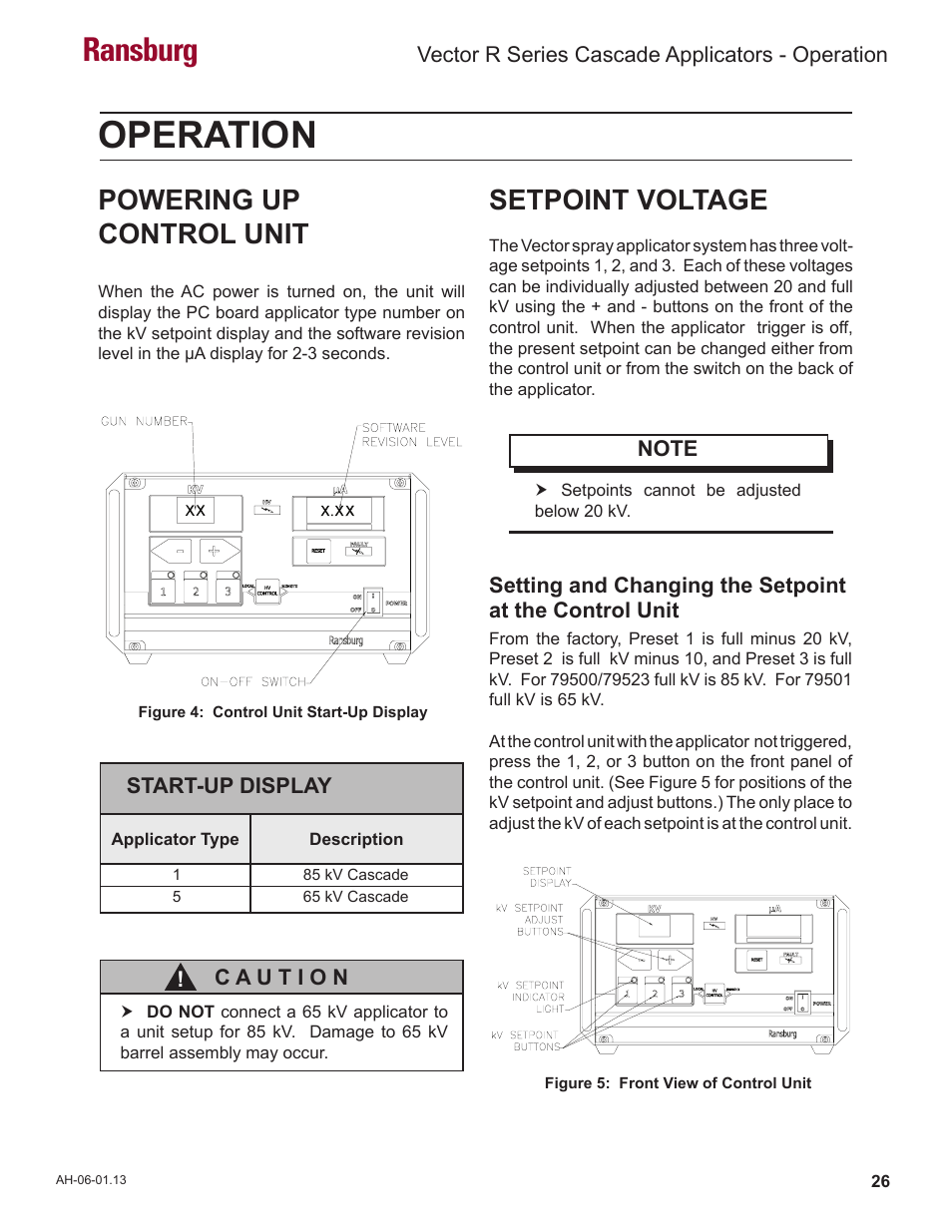 Operation, Ransburg, Setpoint voltage | Powering up control unit | Ransburg Vector R Series Cascade 79523 R90 Waterborne User Manual | Page 30 / 78