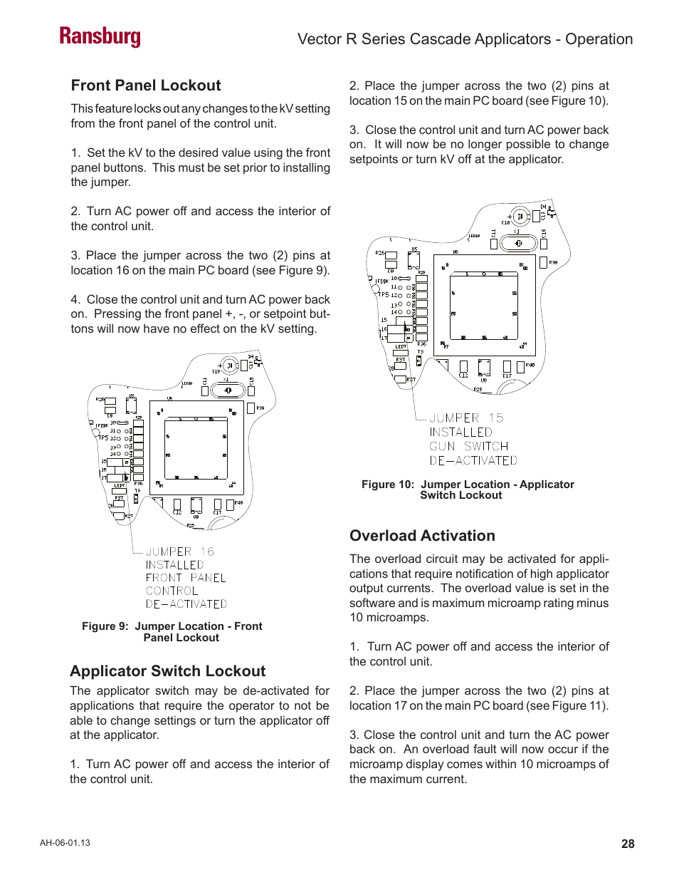 Ransburg, Vector r series cascade applicators - operation, Front panel lockout | Applicator switch lockout, Overload activation | Ransburg Vector R Series Cascade 79523 R90 Waterborne User Manual | Page 32 / 78