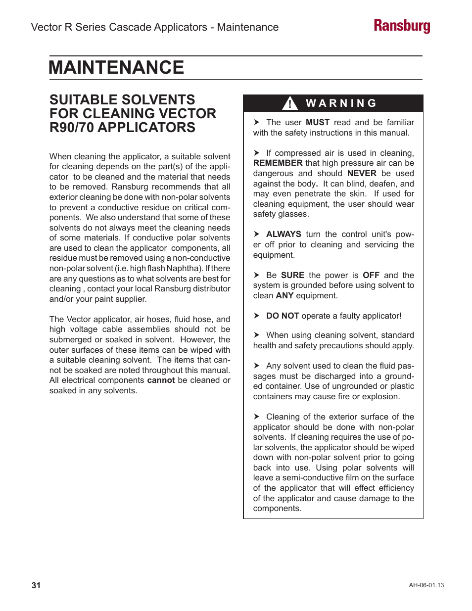 Maintenance, Ransburg | Ransburg Vector R Series Cascade 79523 R90 Waterborne User Manual | Page 35 / 78