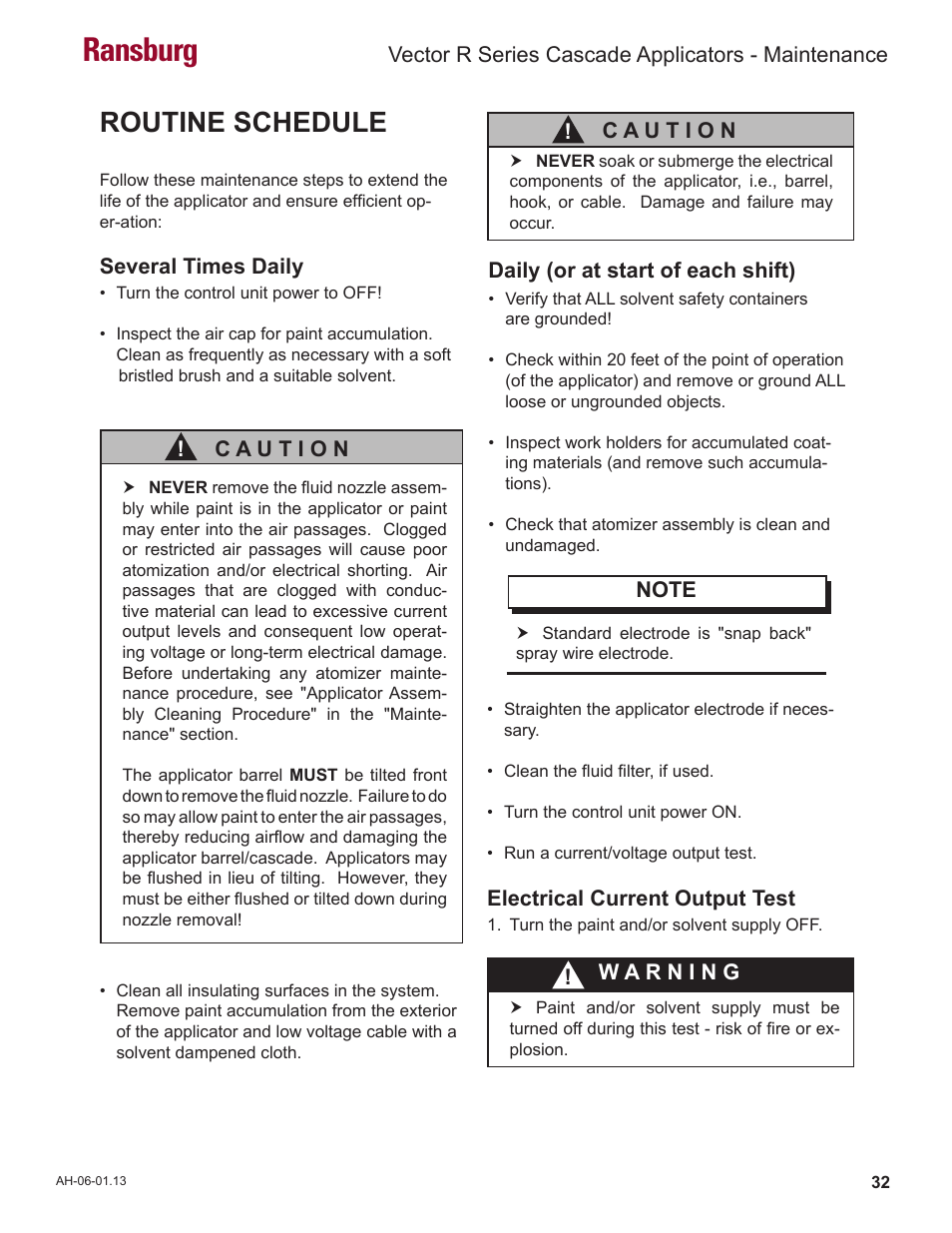 Ransburg, Routine schedule | Ransburg Vector R Series Cascade 79523 R90 Waterborne User Manual | Page 36 / 78