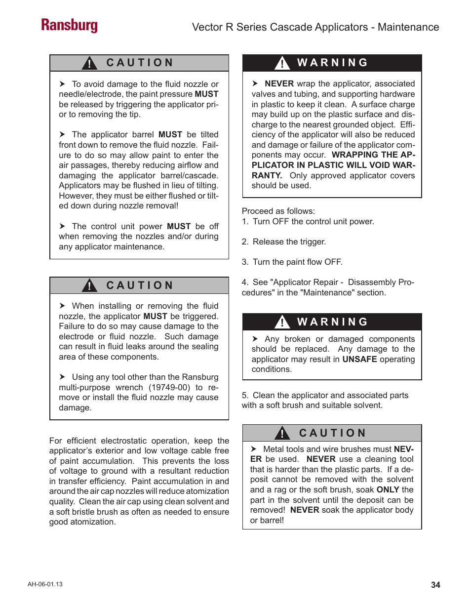 Ransburg, Vector r series cascade applicators - maintenance | Ransburg Vector R Series Cascade 79523 R90 Waterborne User Manual | Page 38 / 78