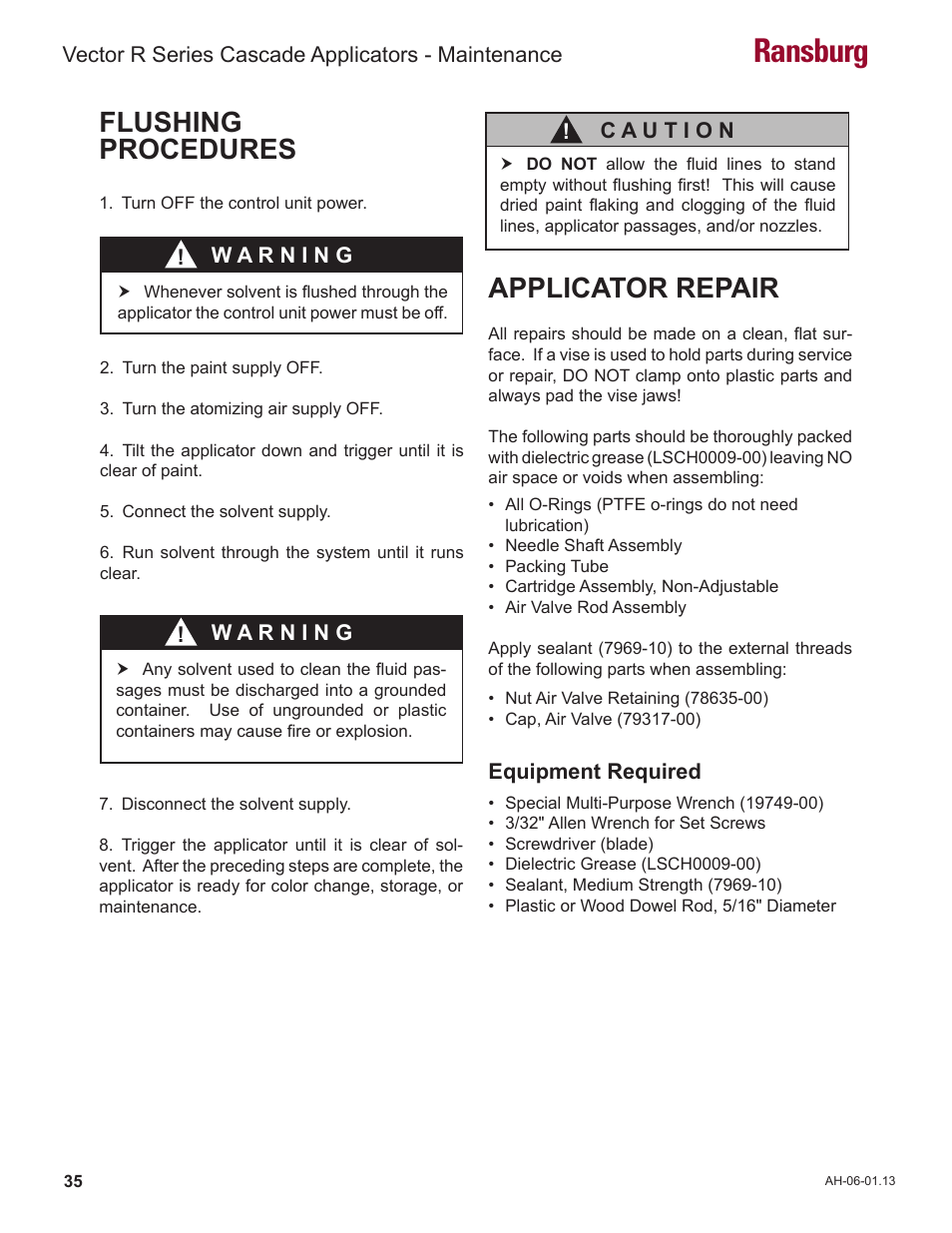 Ransburg, Flushing procedures, Applicator repair | Ransburg Vector R Series Cascade 79523 R90 Waterborne User Manual | Page 39 / 78