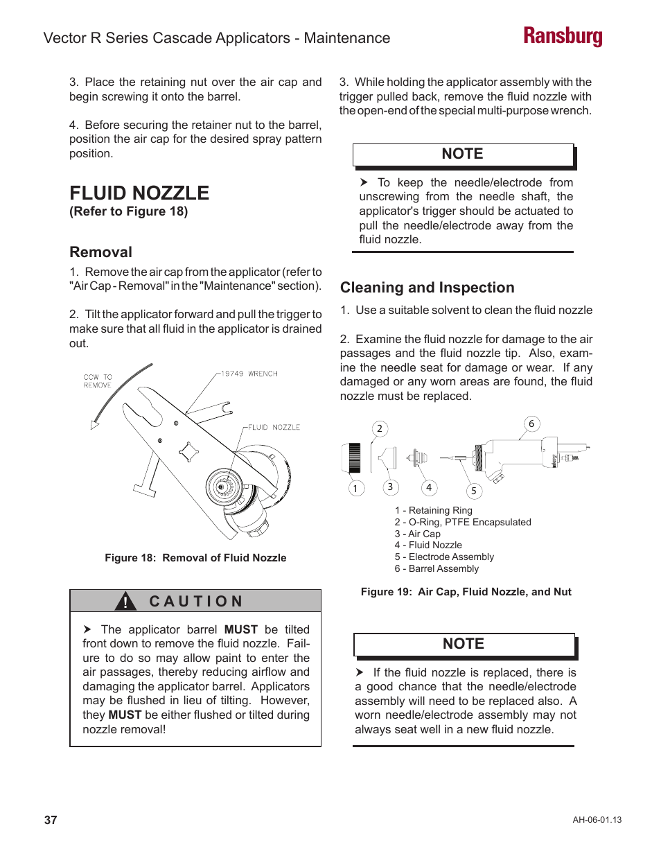 Ransburg, Fluid nozzle, Vector r series cascade applicators - maintenance | Removal | Ransburg Vector R Series Cascade 79523 R90 Waterborne User Manual | Page 41 / 78