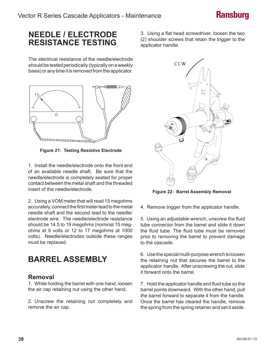 Ransburg, Needle / electrode resistance testing, Barrel assembly | Ransburg Vector R Series Cascade 79523 R90 Waterborne User Manual | Page 43 / 78