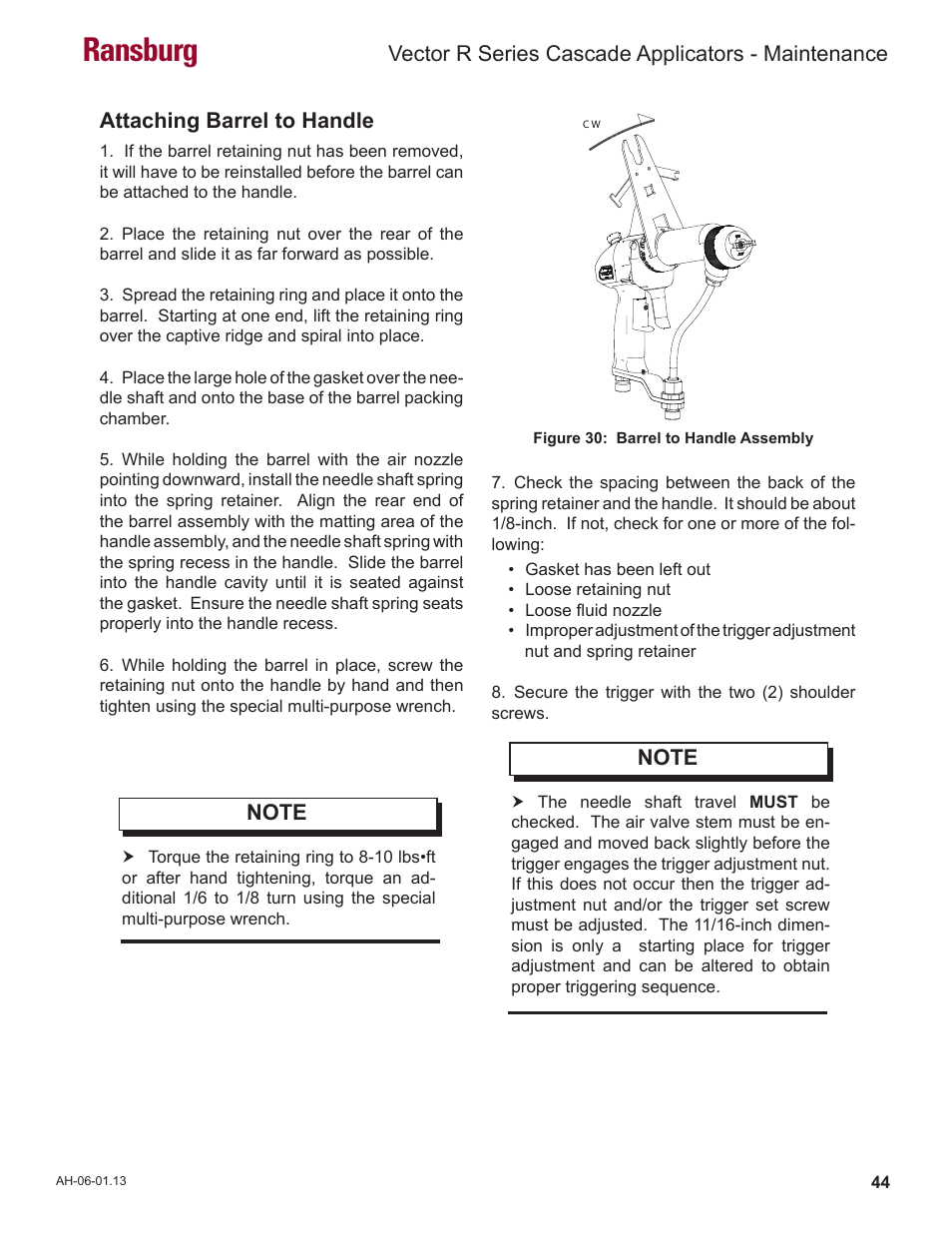 Ransburg, Vector r series cascade applicators - maintenance, Attaching barrel to handle | Ransburg Vector R Series Cascade 79523 R90 Waterborne User Manual | Page 48 / 78
