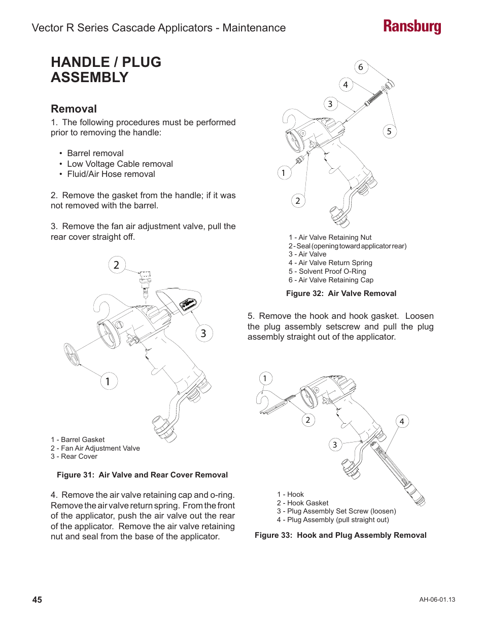 Ransburg, Handle / plug assembly, Vector r series cascade applicators - maintenance | Removal | Ransburg Vector R Series Cascade 79523 R90 Waterborne User Manual | Page 49 / 78