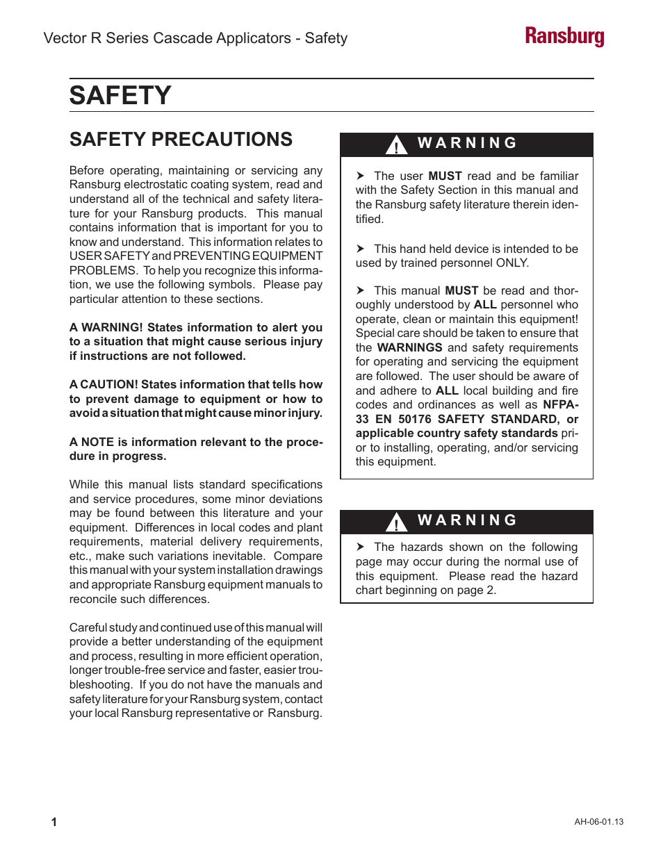 Safety, Ransburg, Safety precautions | Ransburg Vector R Series Cascade 79523 R90 Waterborne User Manual | Page 5 / 78