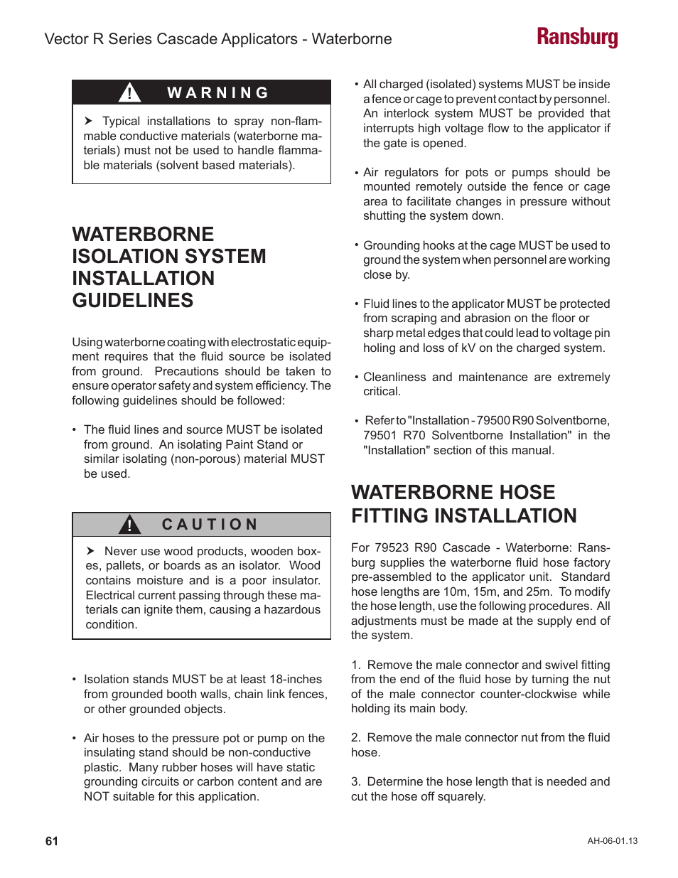 Ransburg, Waterborne hose fitting installation | Ransburg Vector R Series Cascade 79523 R90 Waterborne User Manual | Page 65 / 78