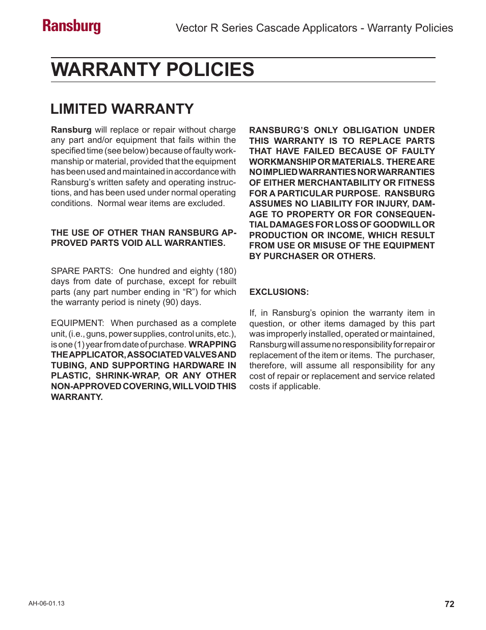 Warranty policies, Ransburg, Limited warranty | Ransburg Vector R Series Cascade 79523 R90 Waterborne User Manual | Page 76 / 78
