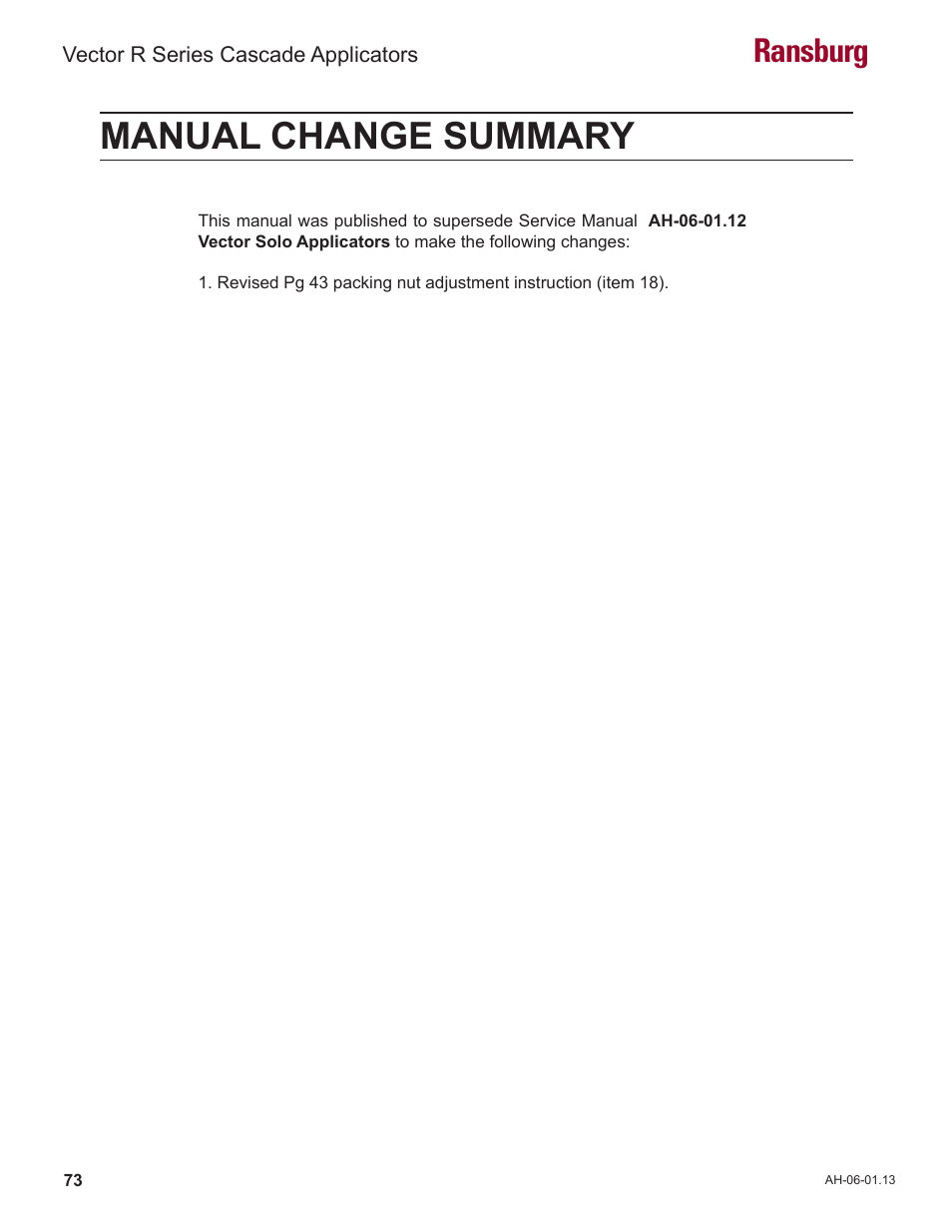 Manual change summary, Ransburg | Ransburg Vector R Series Cascade 79523 R90 Waterborne User Manual | Page 77 / 78