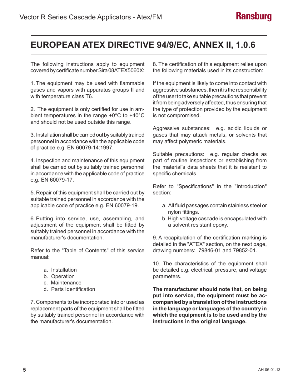 Ransburg, Vector r series cascade applicators - atex/fm | Ransburg Vector R Series Cascade 79523 R90 Waterborne User Manual | Page 9 / 78