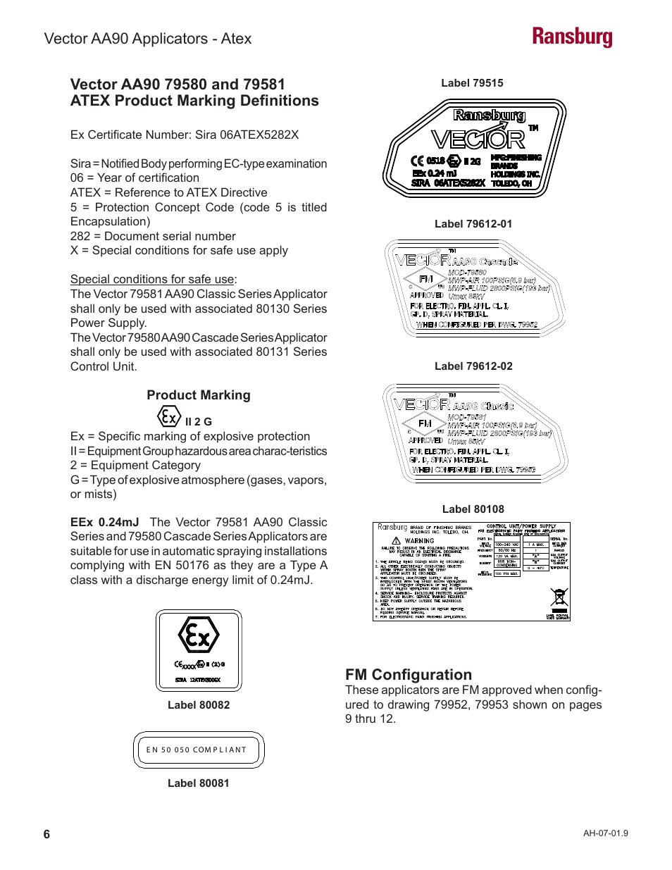 Ransburg, Vector aa90 applicators - atex, Fm configuration | Ransburg Vector AA90 79581 Classic User Manual | Page 10 / 62