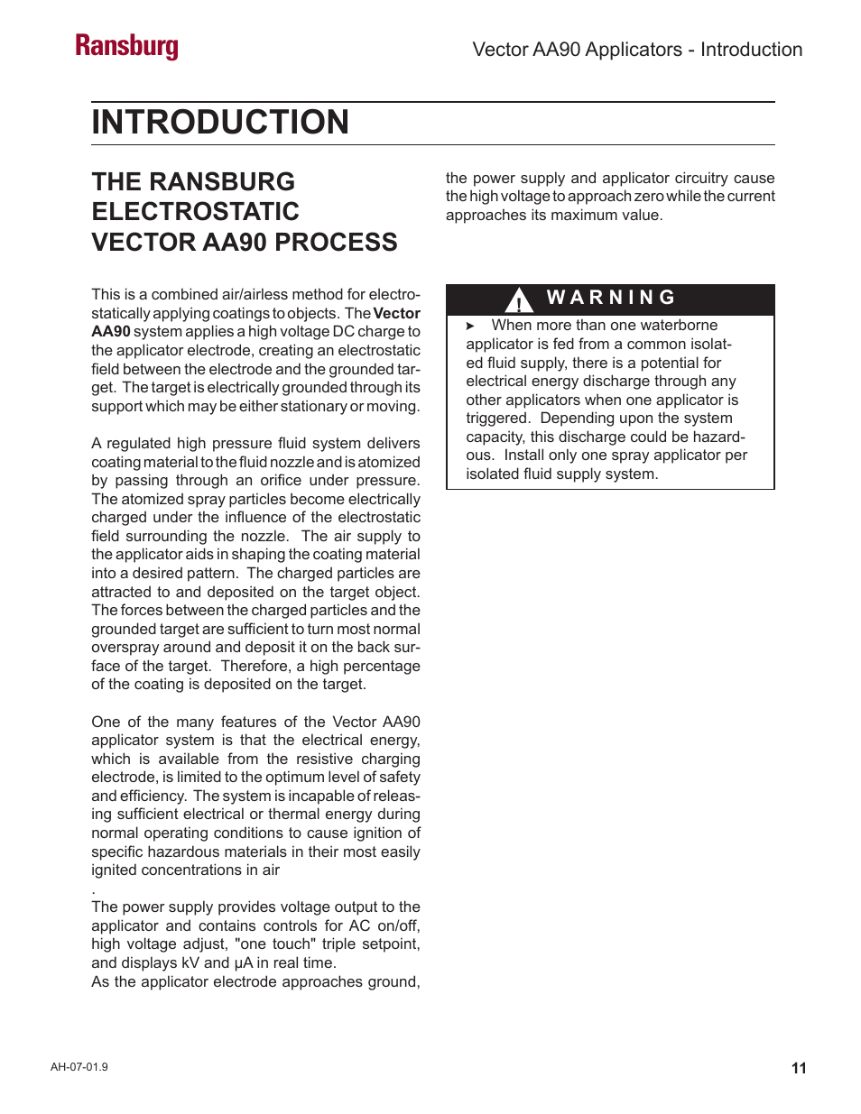 Introduction, Ransburg, The ransburg electrostatic vector aa90 process | Ransburg Vector AA90 79581 Classic User Manual | Page 15 / 62