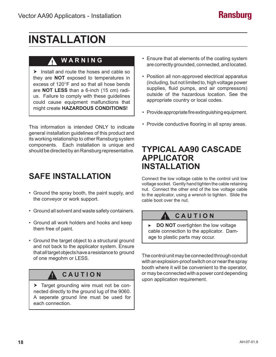 Installation, Ransburg, Typical aa90 cascade applicator installation | Safe installation | Ransburg Vector AA90 79581 Classic User Manual | Page 22 / 62