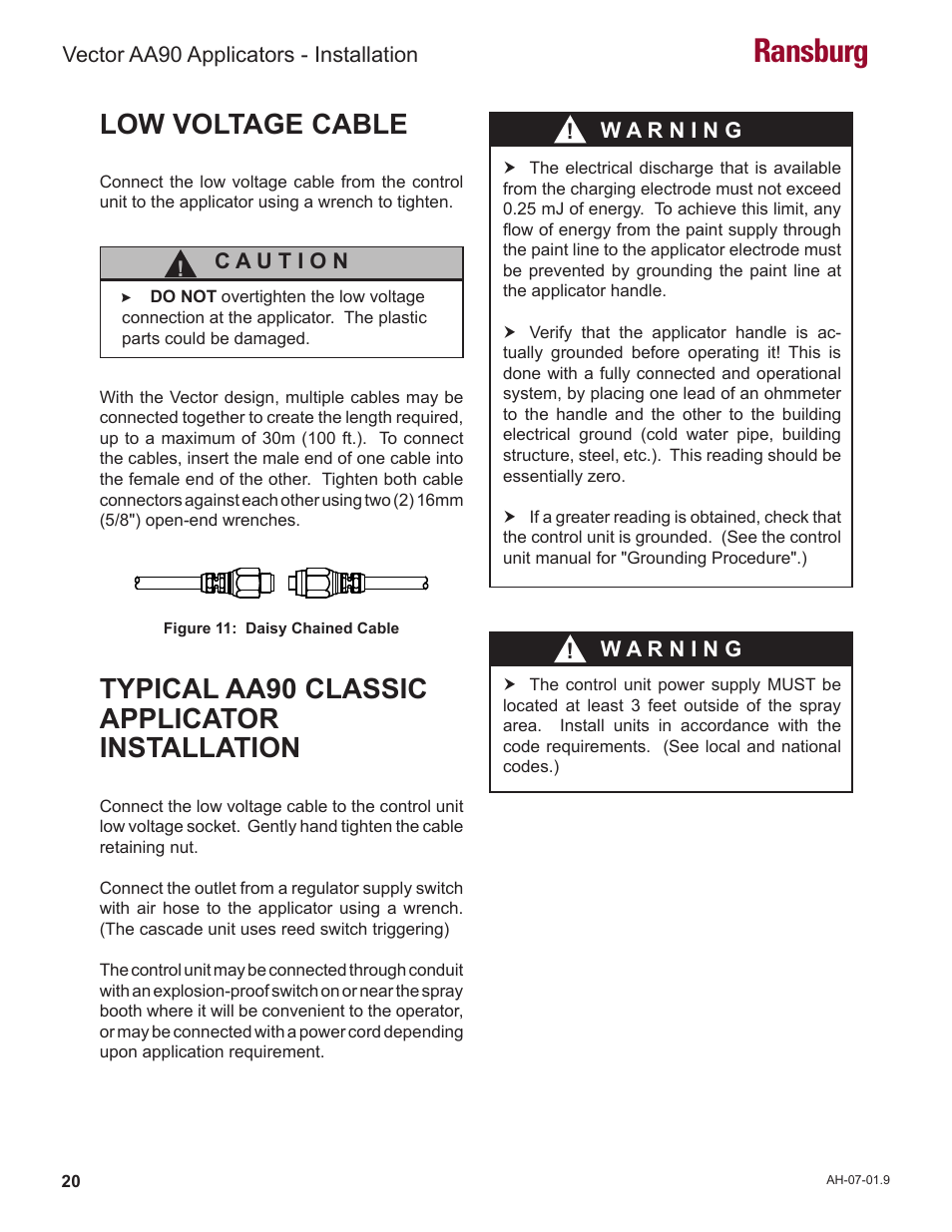 Ransburg, Low voltage cable, Typical aa90 classic applicator installation | Ransburg Vector AA90 79581 Classic User Manual | Page 24 / 62