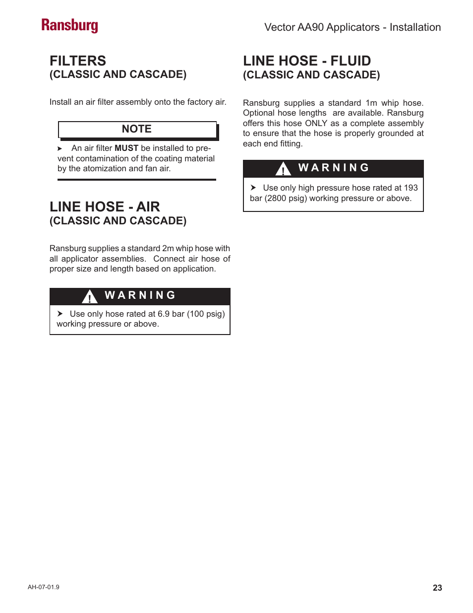 Ransburg, Line hose - air, Filters | Line hose - fluid | Ransburg Vector AA90 79581 Classic User Manual | Page 27 / 62