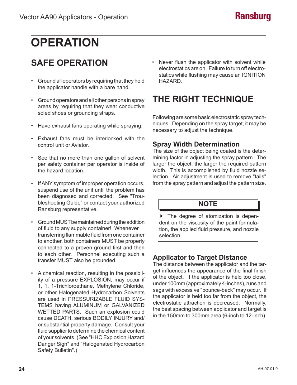 Operation, Ransburg, Safe operation | The right technique | Ransburg Vector AA90 79581 Classic User Manual | Page 28 / 62