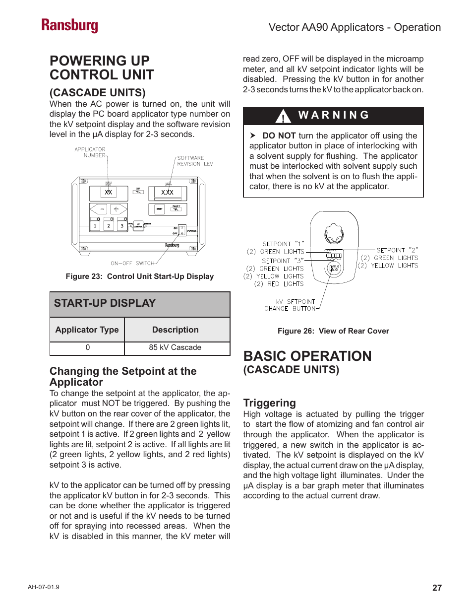 Ransburg, Powering up control unit, Basic operation | Ransburg Vector AA90 79581 Classic User Manual | Page 31 / 62