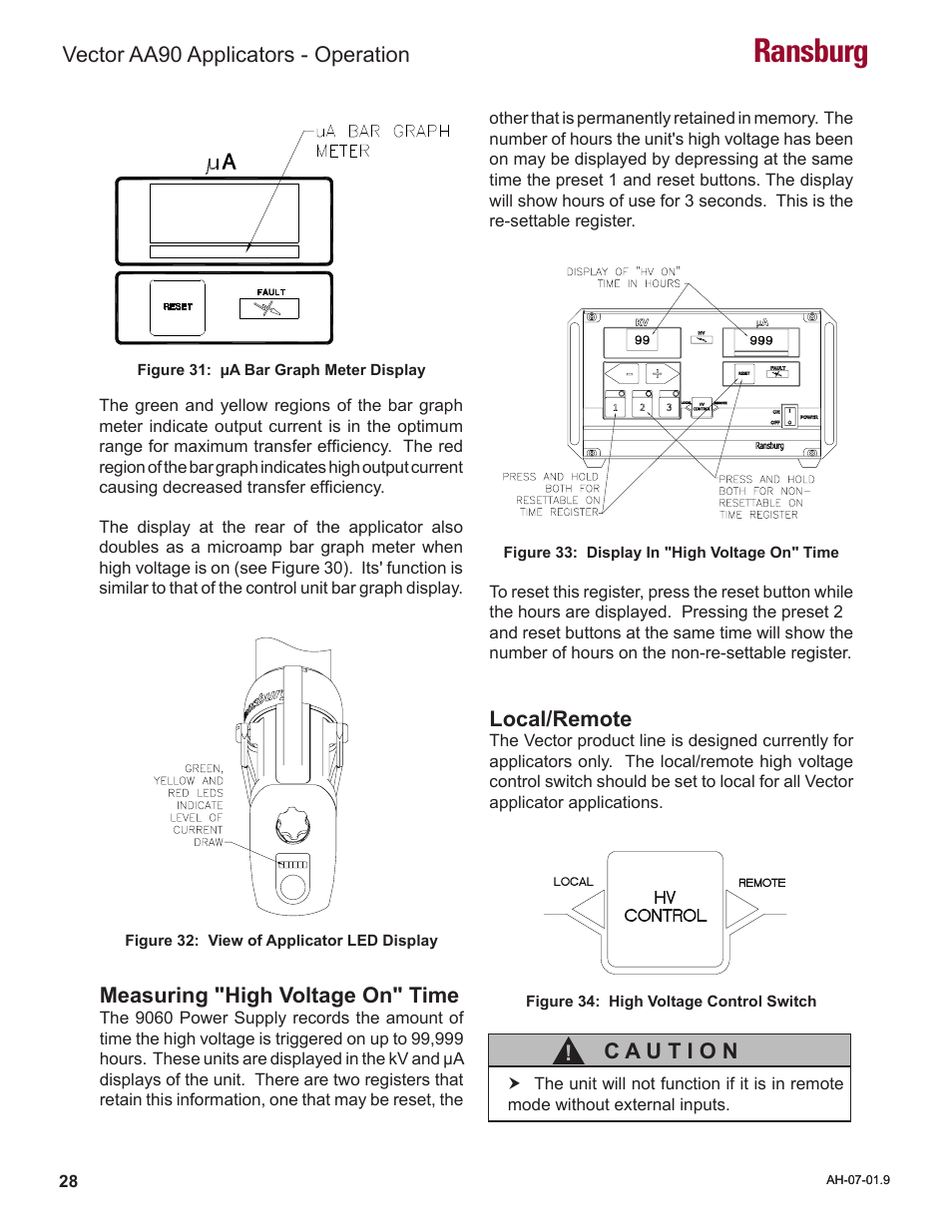 Ransburg, Vector aa90 applicators - operation, Measuring "high voltage on" time | Local/remote | Ransburg Vector AA90 79581 Classic User Manual | Page 32 / 62