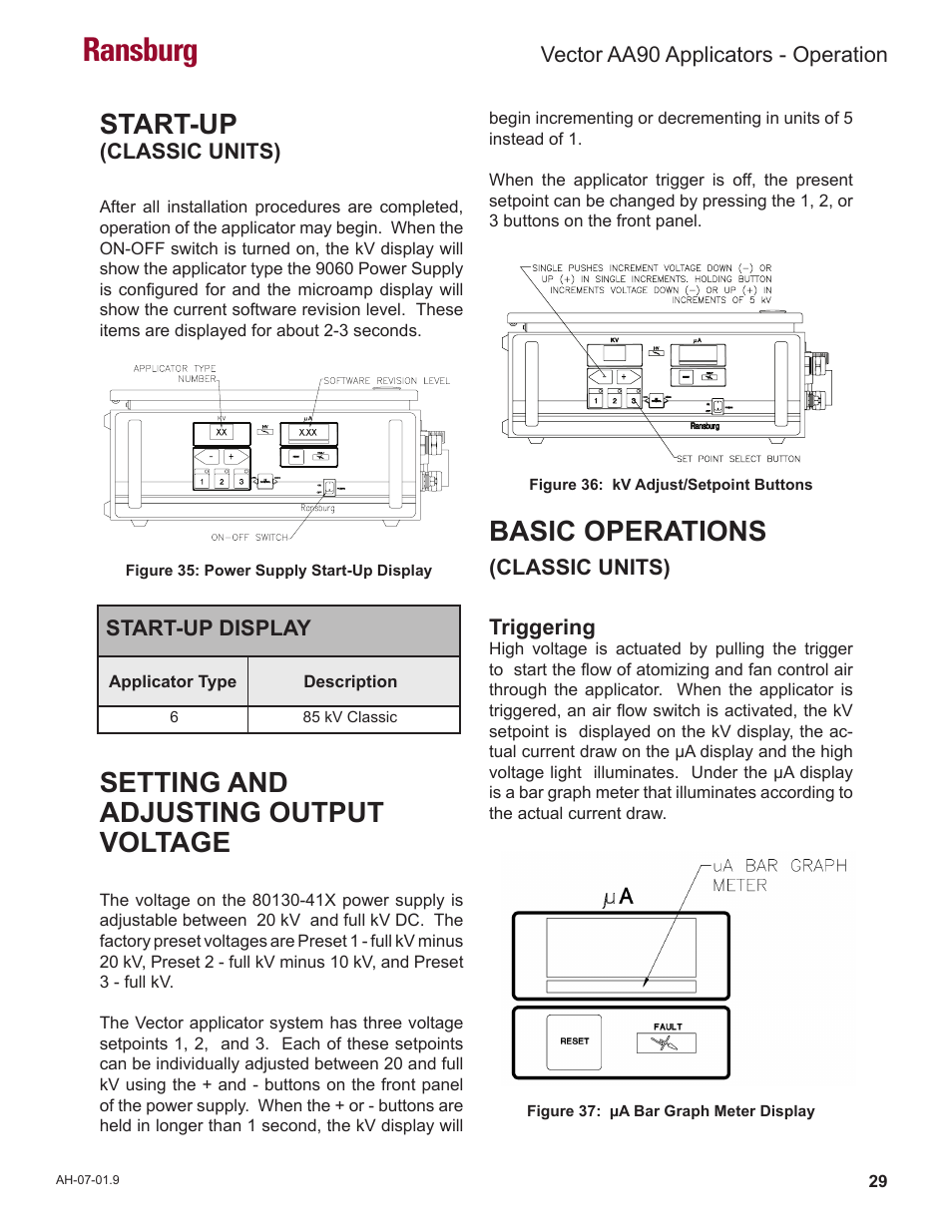 Ransburg, Start-up, Setting and adjusting output voltage | Basic operations | Ransburg Vector AA90 79581 Classic User Manual | Page 33 / 62