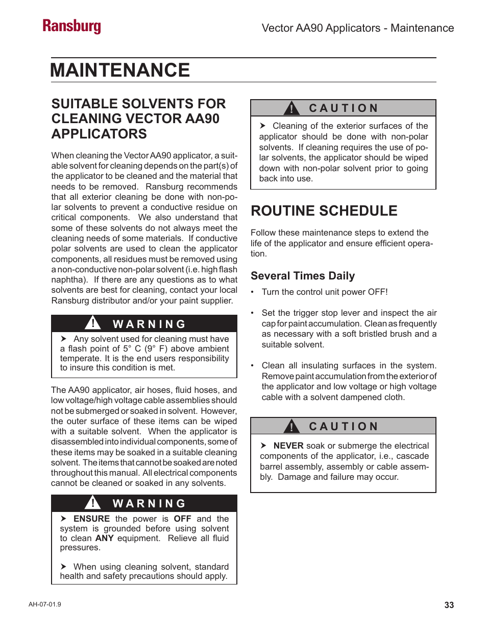 Maintenance, Ransburg, Routine schedule | Ransburg Vector AA90 79581 Classic User Manual | Page 37 / 62